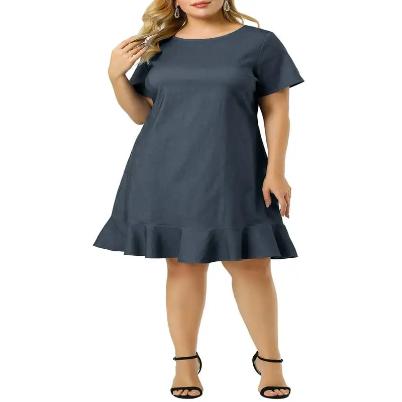 

Plus Size Denim Ruffle Summer Casual Short Sleeve Dress