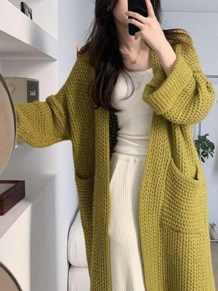 

Women Cardigan Long Knitted Sweater Coat 2023 Autumn Winter Korean Fashion Female Clothing V Neck Pocket Warm Thick Outwear Tops