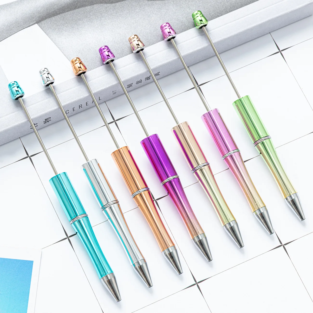 

10Pcs DIY Plastic Bead Pen Ballpoint Pen UV Electroplating Plastic Beaded Ballpoint Pen Office School Writing Supplies Student