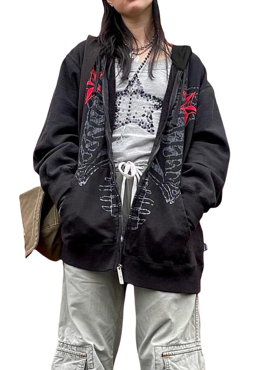 

Women Autumn Sweatshirt Coat Cartoon Bones Print Long Sleeve Hood Zipper Closure Loose Outwear with Pockets