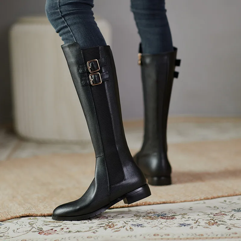 

MKKHOU Fashion Knee-High Women Boots New High-quality Leather Belt Buckle Low-heeled Leather Boots Winter All-Match Knight Boots