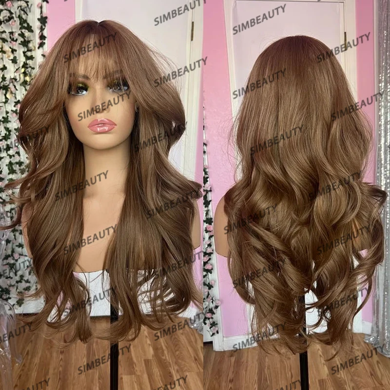 Caramel Blonde Long Wavy 5x5 Lace Closure Human Hair Wigs for Black Women with Bangs Pre Plucked 13x6 Lace Front Fringe Wigs