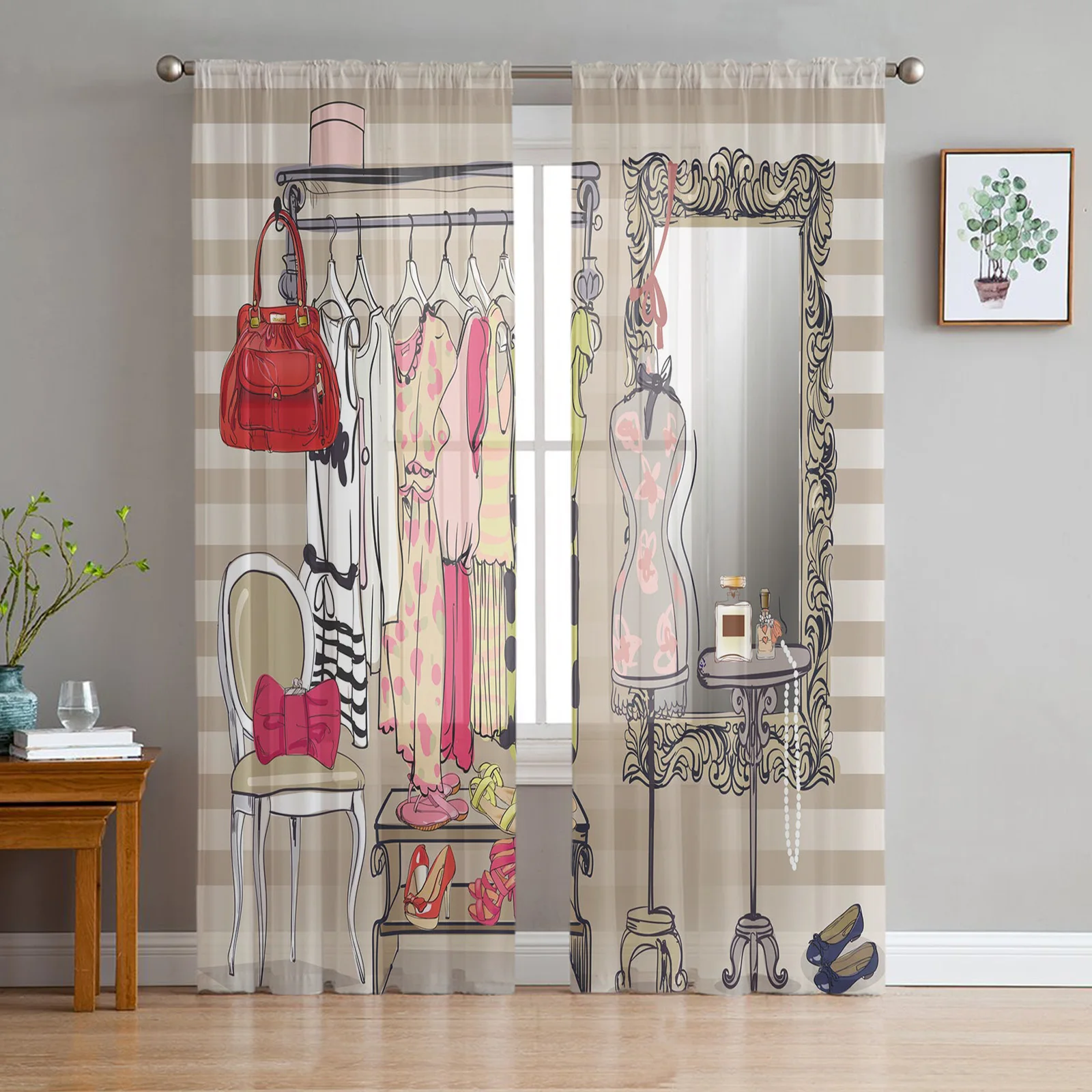 

Female Dressing Room Cosmetics Stripes Tulle Curtains For Living Room Sheer Curtain Bedroom Voile Decorative Window Treatments