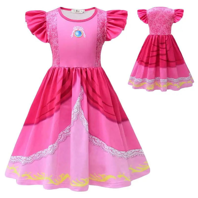 

Peach Princess Costume Girl Cosplay Dress Crown Game Role Playing Fantasia Halloween Birthday Party Outfit Kids Fancy Clothes