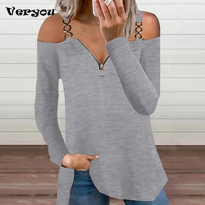 Женская футболка с длинным рукавом V-образным вырезом и открытыми плечами |