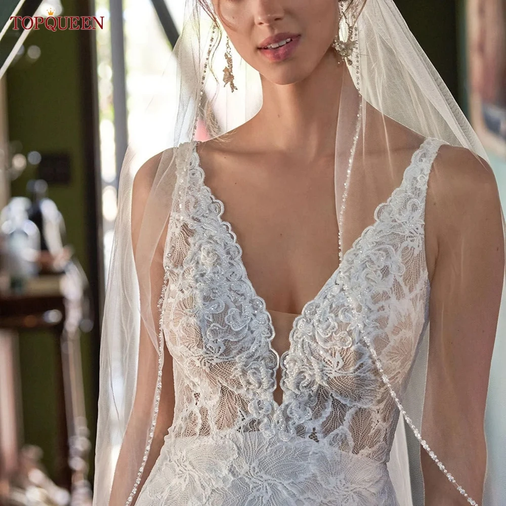 TOPQUEEN V107 Длинная фата с кристаллами и бисером свадебная кристаллическим краем