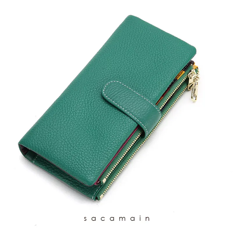 Women's Genuine Leather Long Wallet Large Capacity Double Zipper Purse Multifunctional Brand Designer Long Woman Female Wallet