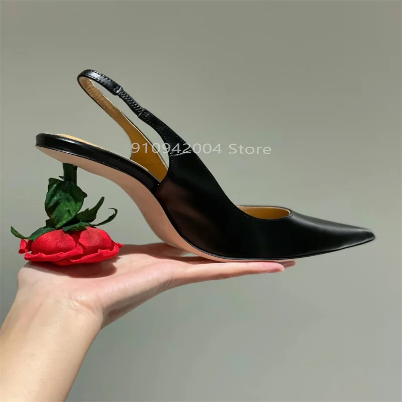 Fashion Women Rose Flower Strange Heel Pumps Sexy Pointed Toe Slingbacks Black Leather Slim Paryt Wedding Dress Shoes For Girls