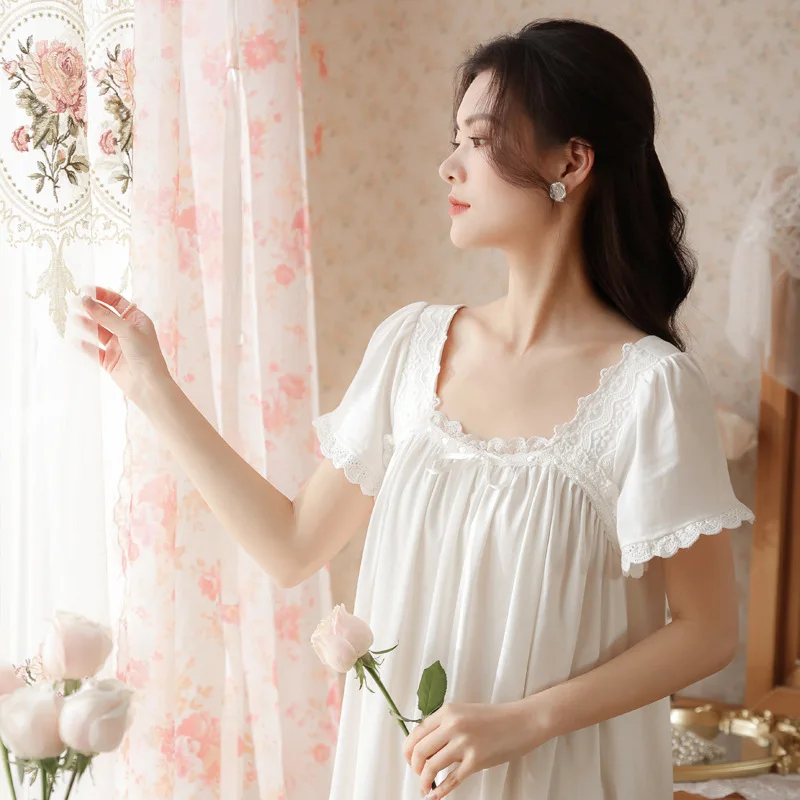 Victorian Cotton Night Dress Women Summer Short Sleeve Sexy Lace White Peignoir Vintage Nightgowns Princess Sleepwear Home Wear