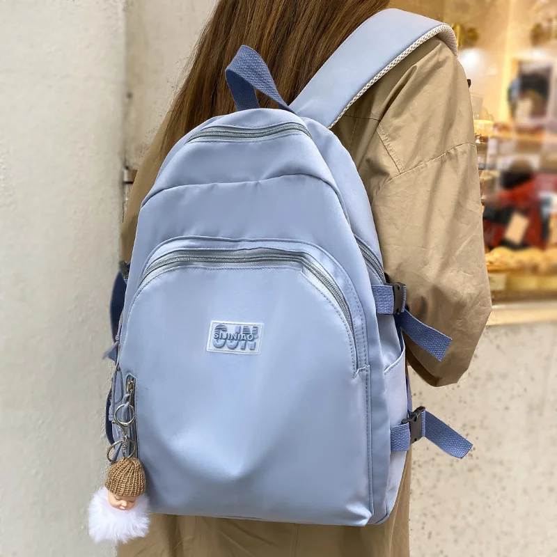 

2022 New Solid Color Waterproof Nylon Women Backpack Female Multilayer Insert Buckle Leisure Backpacks Teenage Girls Schoolbag