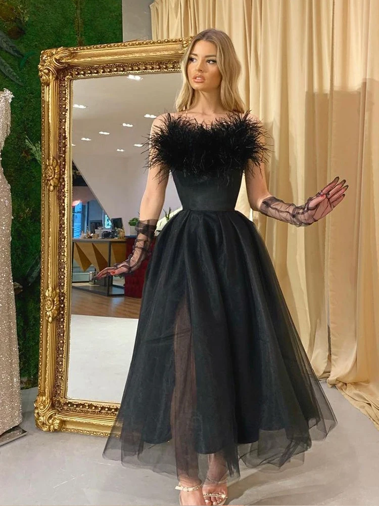 PLEINDI Luxury Evening Dresses Boat Neck Sleeveless A-shaped Tea-Length Lace 2022 New of Ruched Exquisite Prom Dress Women