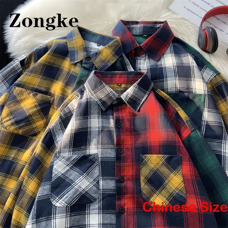 

Рубашка Zongke мужская с длинным рукавом, блузка в клетку, в стиле пэчворк, винтажная уличная одежда, 3XL, весна 2023