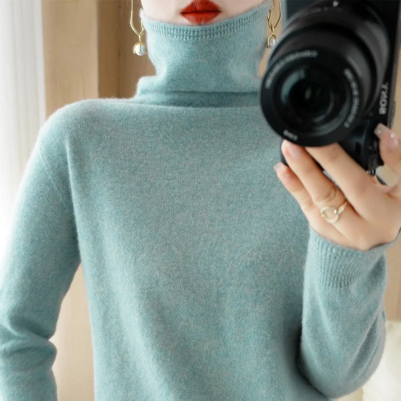 

Осенне-зимний теплый шерстяной Женский Топ с длинным рукавом и воротником-стойкой, универсальный Вязаный топ с высоким воротником, тонкий п...