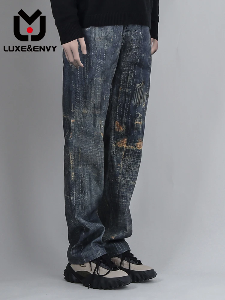 

Мужские свободные прямые джинсы люкс & ENVY, повседневные брюки с цифровым принтом «сделай старый урон», новинка весны-осени 2023