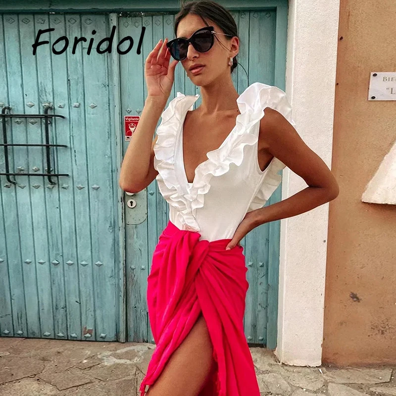

Elegant Ruffled Bodysuits Women Summer One Piece Bodysuits Overalls Beach Boho Style Bodysuit Romper Sleeveless Sexy Romper 2022