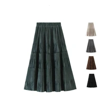 solid color female vintage long velvet pleated skirt women spring autumn elegant fashion ladies high waist a line skirt