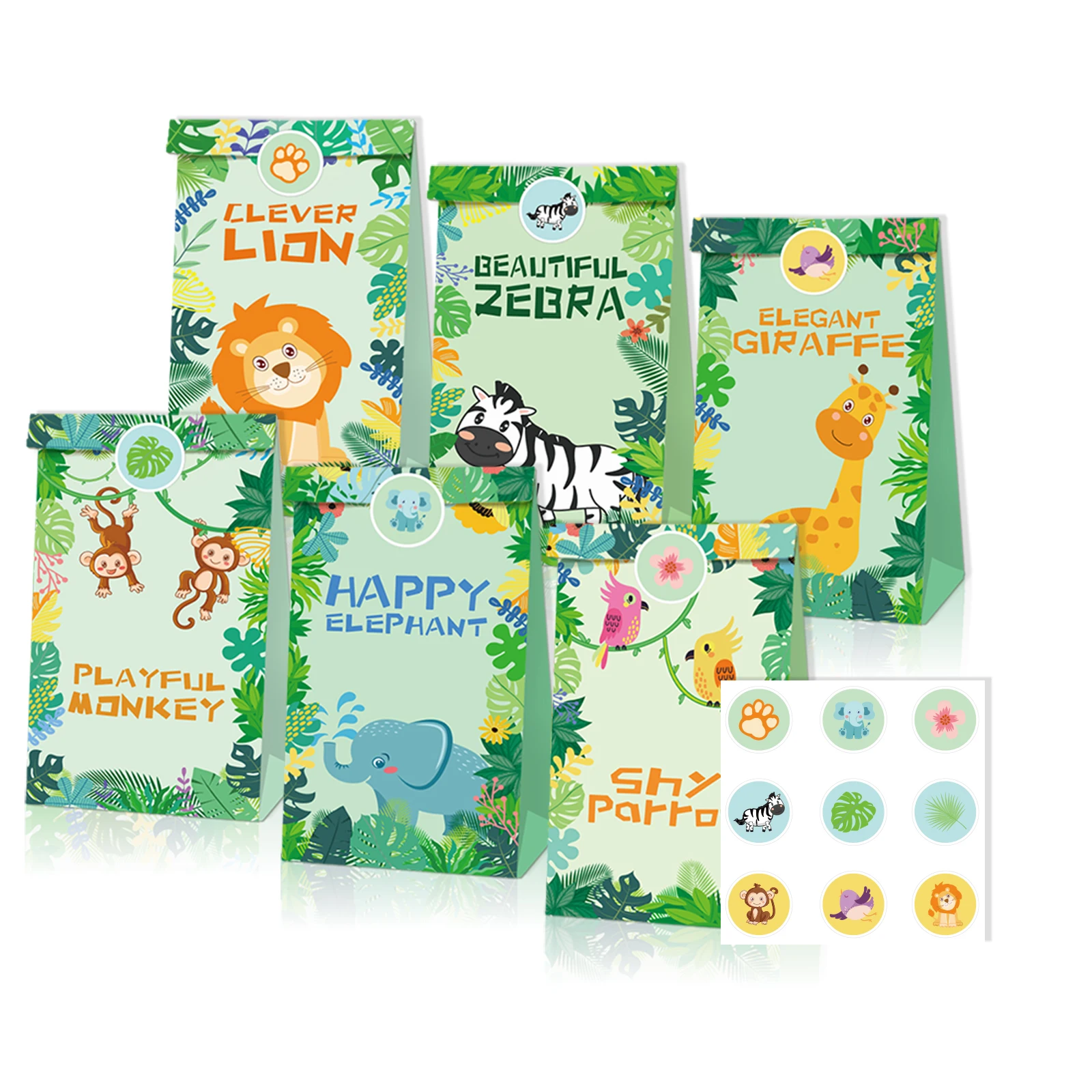 

LB083 12Pcs Cartoon Jungle Animals Lion Happy Birthday Party Candy Packing Kraft Paper Gift Bags Baby Shower Party Decorations