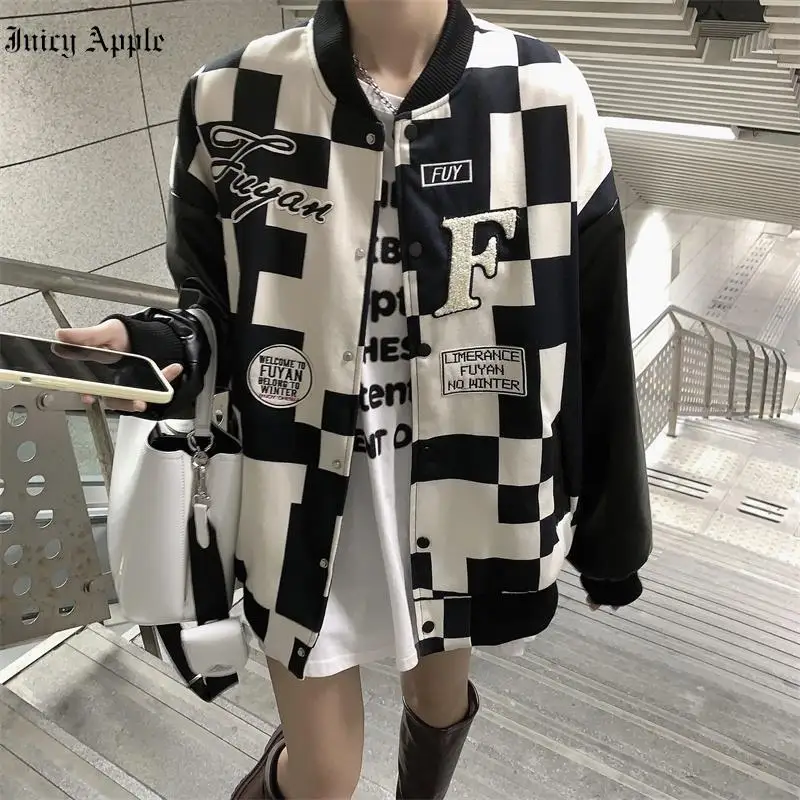 

Juicy Apple Black Bombers Women's Single Breasted Checkerboard Spliced Printing Casual Retro Women Fashion Jackets Autumn 2022