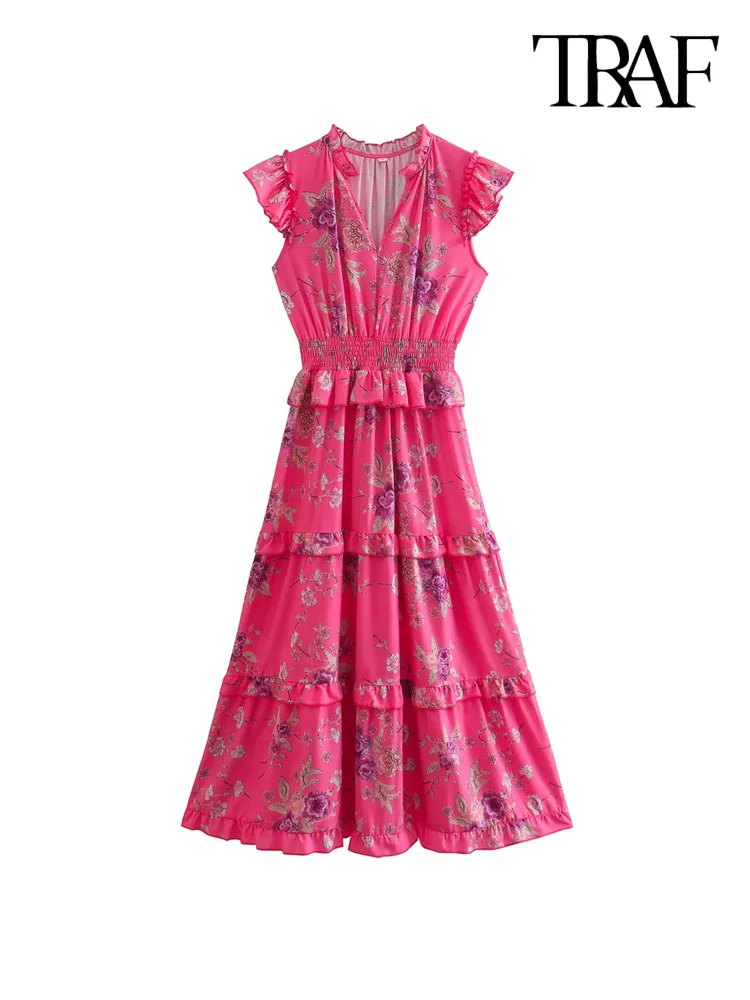 

TRAF Women Fashion Floral Print Ruffled Midi Dress Vintage Sleeveless Elastic Waist Female Dresses Vestidos Mujer