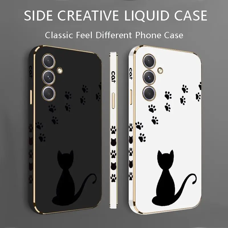 Cat Footprints Luxury Plating Phone Case For Samsung Galaxy A54 A34 A24 A73 A53 A04S A04E A72 A52 A52S Cover