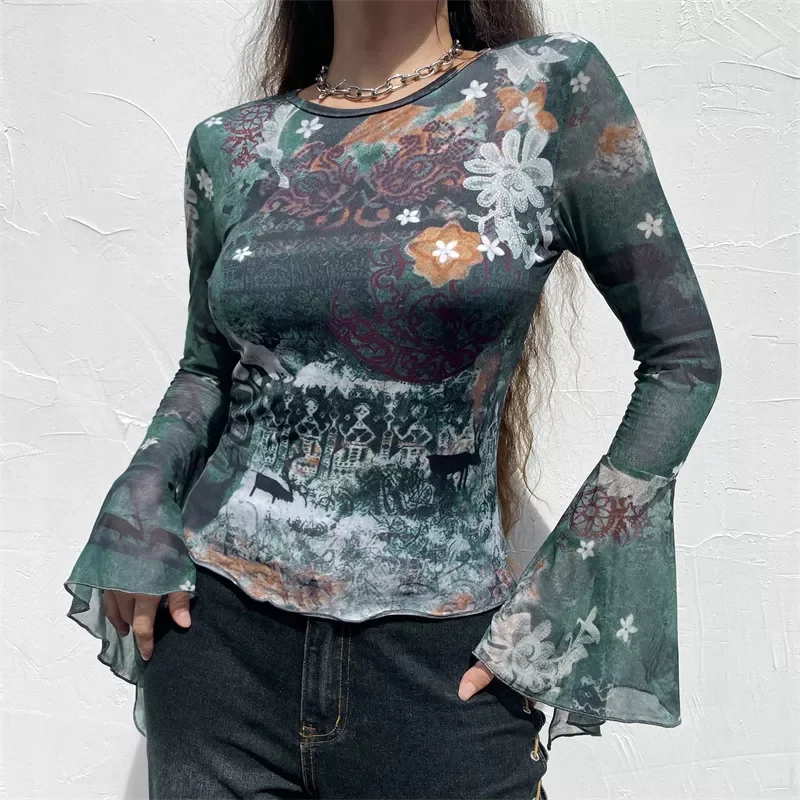 

2022New Fairy Grunge Graphic Shirts Fall Patchwork Mesh Long Flare Sleeeve Crop Top 90s Vintage Women Shirts Female Clothes