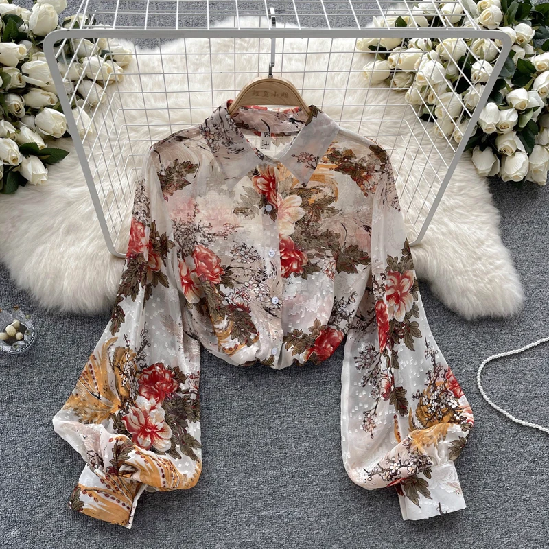 

Women Flower Luxury Print Chiffon Shirt Loose Fitting Long Lantern Sleeves Turn Down Collar Shirts Office Ladies Vintage Blouse
