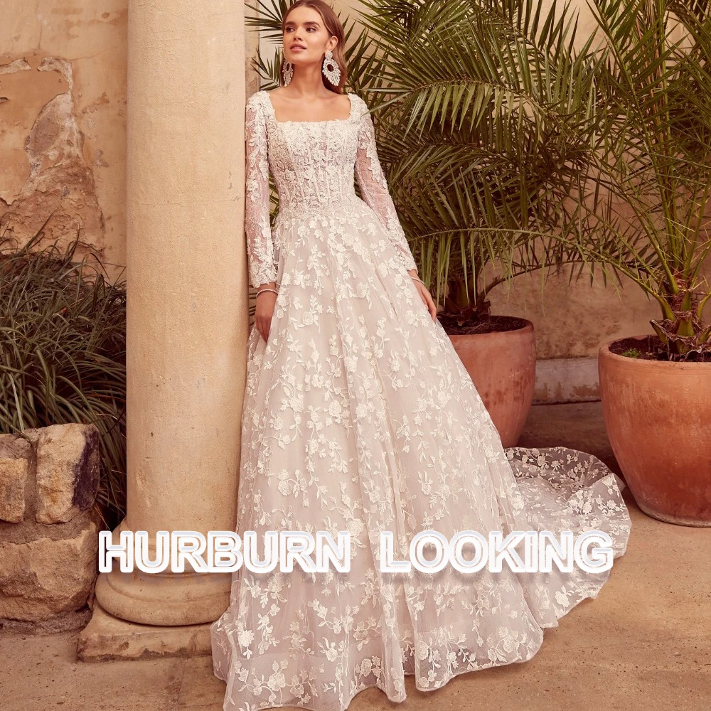 

Свадебное платье HERBURN Geogeous, кружевное, с длинным рукавом, на пуговицах, Королевский Шлейф, квадратный воротник, свадебное платье невесты, Прямая поставка