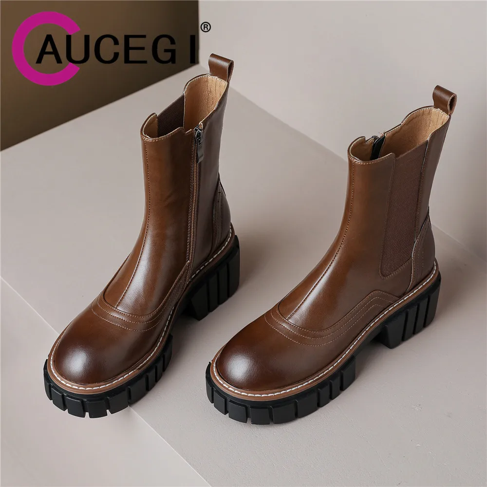 

Женские ботильоны челси из натуральной кожи Aucegi, черные, коричневые ботинки на платформе и высоком массивном каблуке с круглым носком для о...