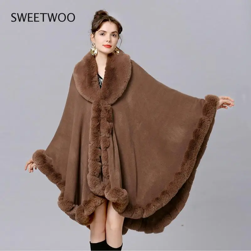 Elegant V Lapel Rex Rabbit Fur Coat Cape Winter Women Big Long Shawl Full Trim Faux Fur Cashmere Cloak Overcoat Parka 2022 New