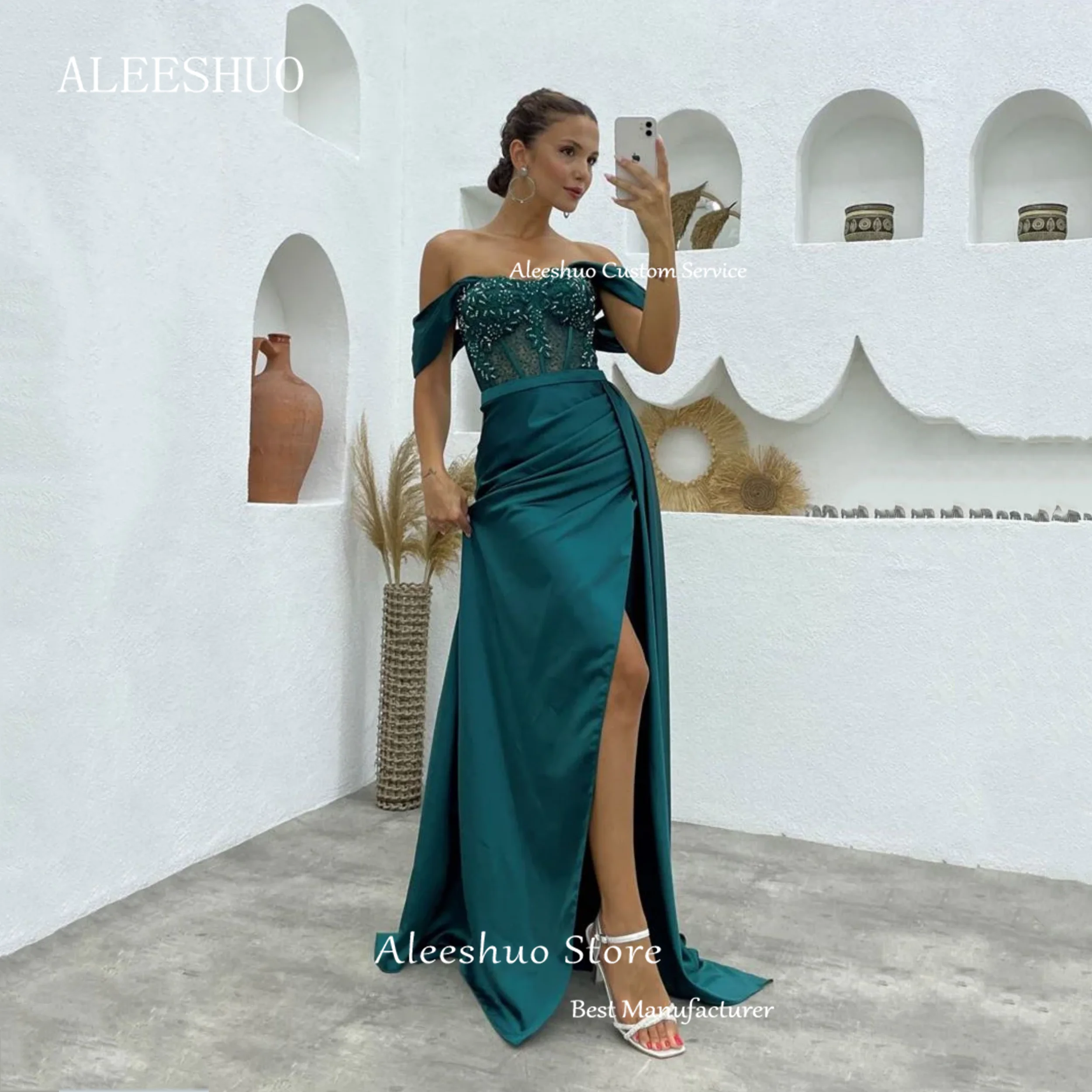 Зеленые блестящие атласные вечерние платья Aleeshuo