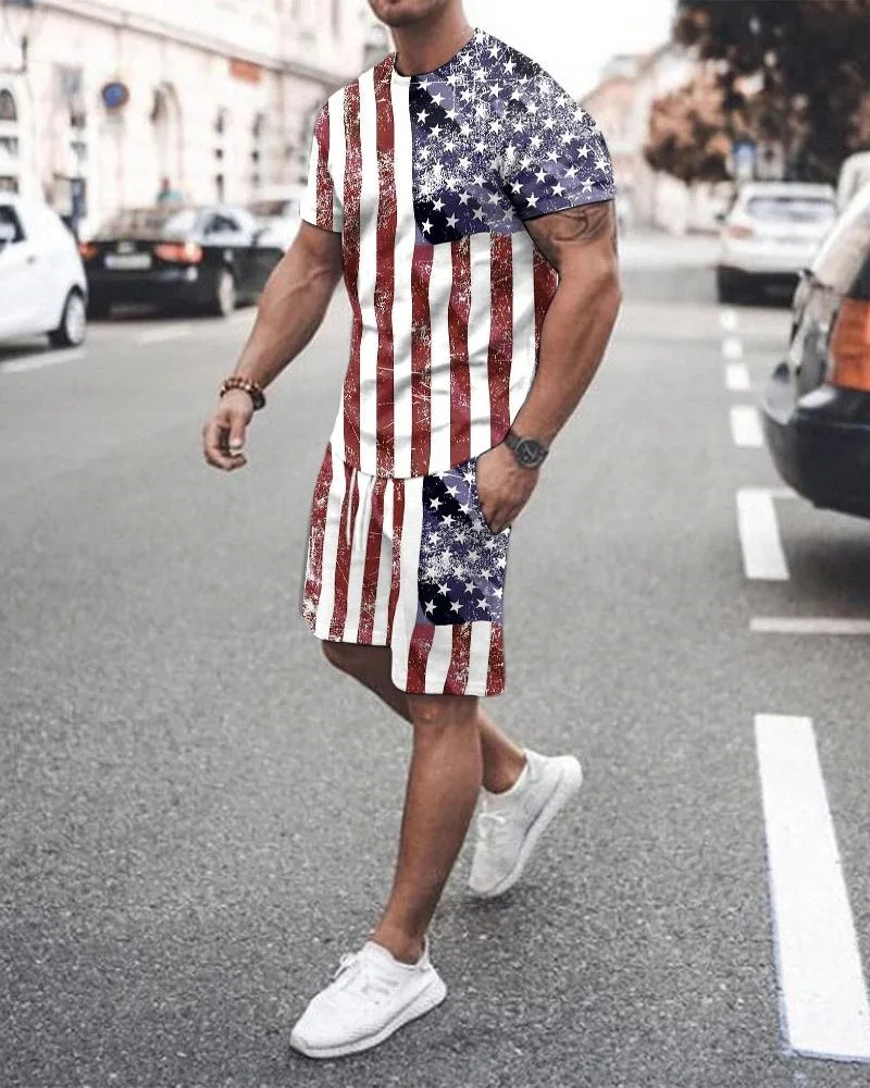 New Summer Men's American Flag Print Harajuku Short Sleeve Sportswear 2-Piece Street Fashion Men's Shorts Tracksuit Clothing