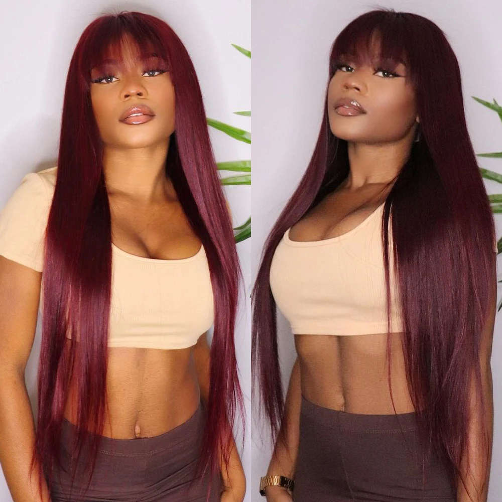 99J Burgundy Red Human Hair Wig With Fringe For Women Straight Brazilian Remy Hair Bob Wigs With Bangs Dark Brown Balayage Color