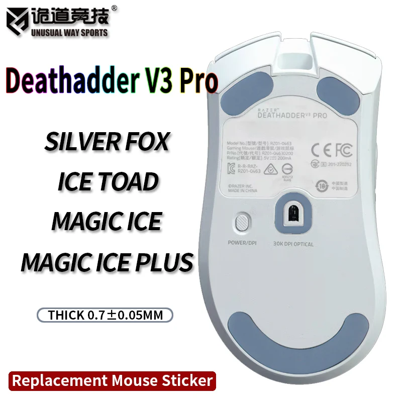 

UnusualWaySports Mouse Feet Sticker Foot Razer Deathadder V3 Pro Cambered Surface PTFE Anti Collapse Magic Ice Silver Fox