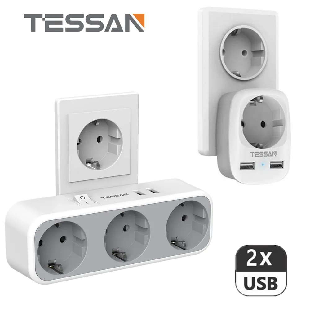 

TESSAN European Outlets Extender Power Strip with 1/3 EU Outlets 2 USB Charging Ports and Switch EU Wall Socket Adapter for Home