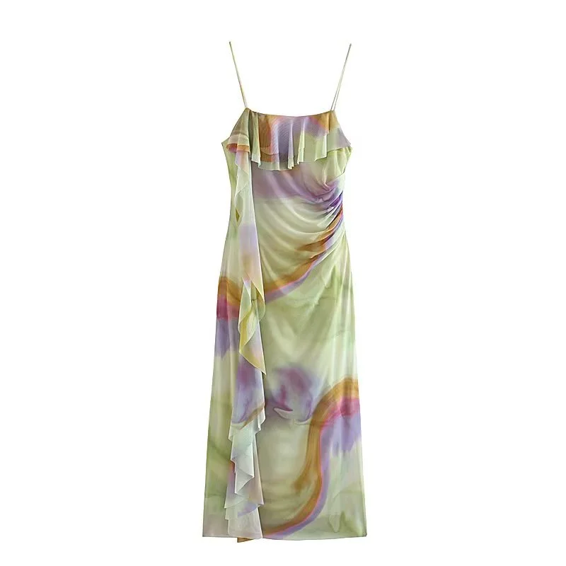 

2023 Summer New Women's Laminated Decorative Mesh Sling Dress