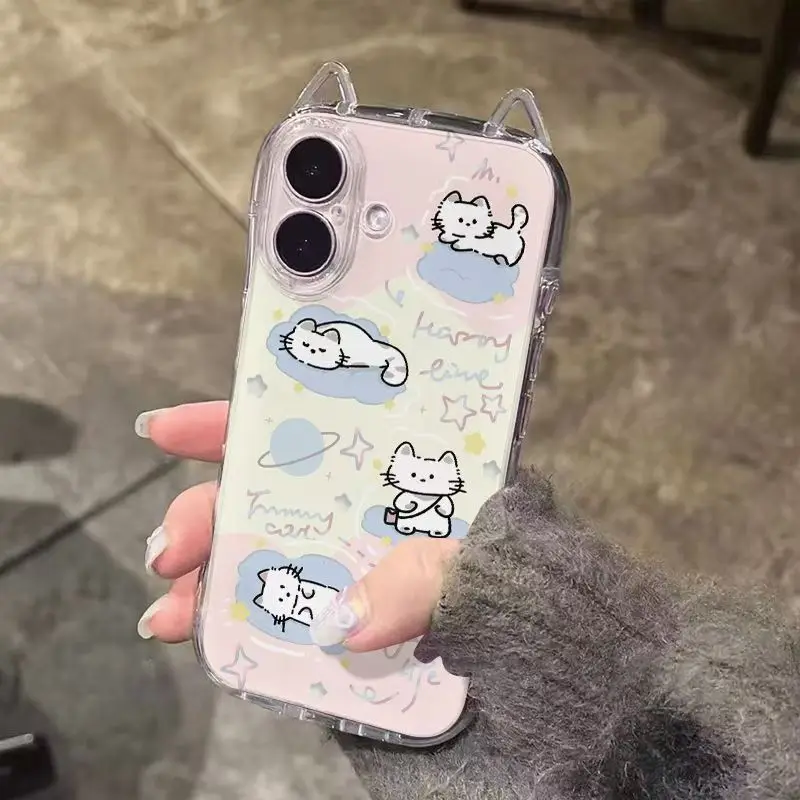 Фото Прозрачный чехол для iPhone 17 16 15 14 13 Pro Max Mini с милым мультяшным принтом кошки, с кошачьими ушками, противоударный, пылезащитный, защитный чехол №1