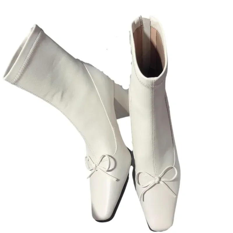 Женские ботильоны на высоком каблуке с бантом элегантная кожаная обувь