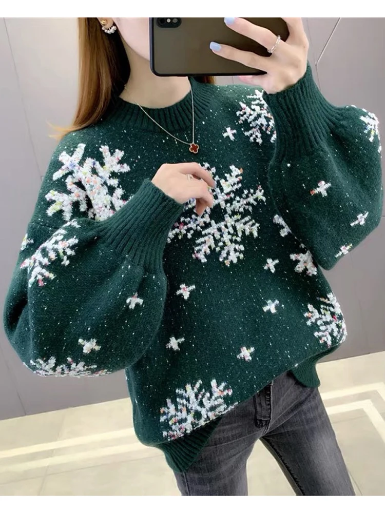 

Fitshinling зимний Уродливый Рождественский свитер со снежинками женская одежда новогодний топ вязаный винтажный джемпер с рукавами-фонариками...