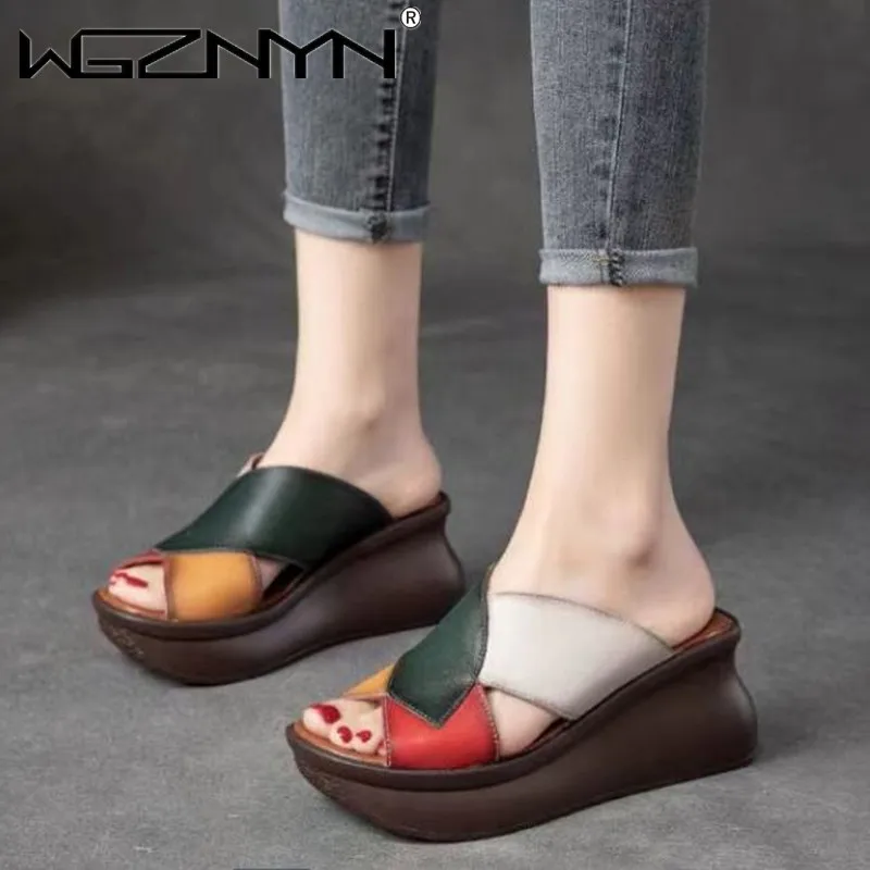 

Summer Woman Shoes High Heels Sexy Retro Slippers Genuine PU Leather Slides Handmade Platform Woman Slipper Wedges Flip Flops