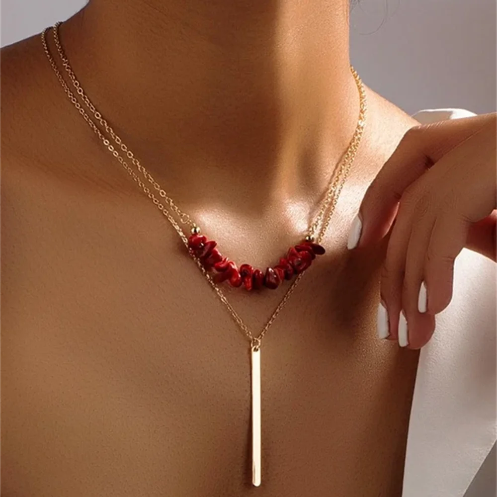 

Vintage Fashion Color Lucky Natural Crushed Stone Gold Chain Rectangle Sequin Pendant Necklace For Women Multilevel Girl Jewelry