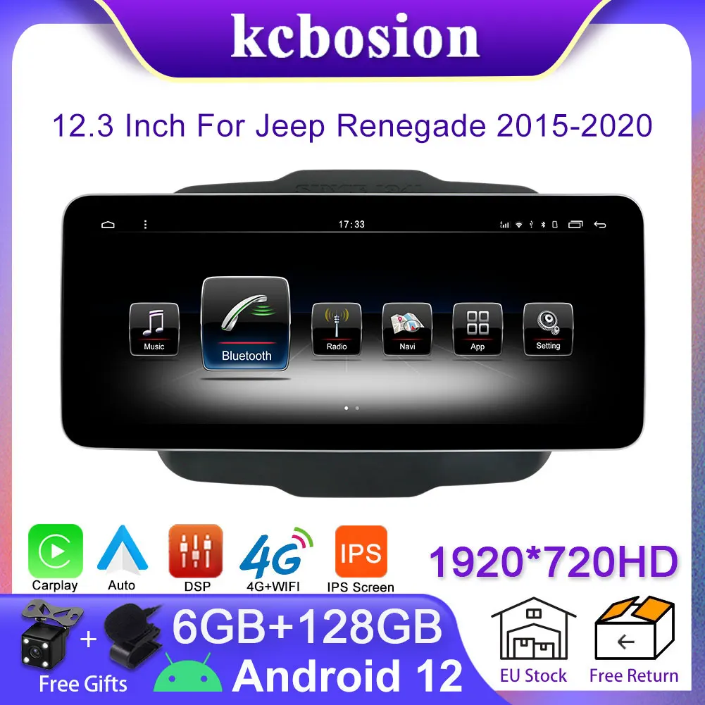 

Kcbosion 12.3" Car Radio Multimedia Player Android 12 For Jeep Renegade 2015-2020 IPS DSP Carplay Android Auto SWC Wifi 2Din