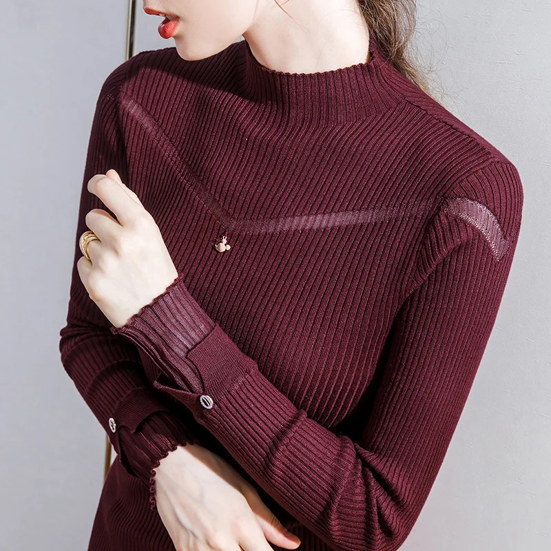 

2021 new fashion T-shirt Ladies Turtleneck Knit Top Slim Long Sleeve Pullover
