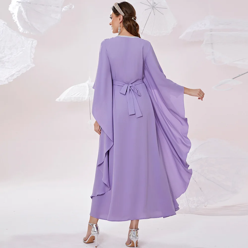 Hijab Diamond Muslim With Belt Middle Eastern Dresses For Woman 2022 V Neck Luxury Moroccan Caftan Dubai Oriental Islamic Dress