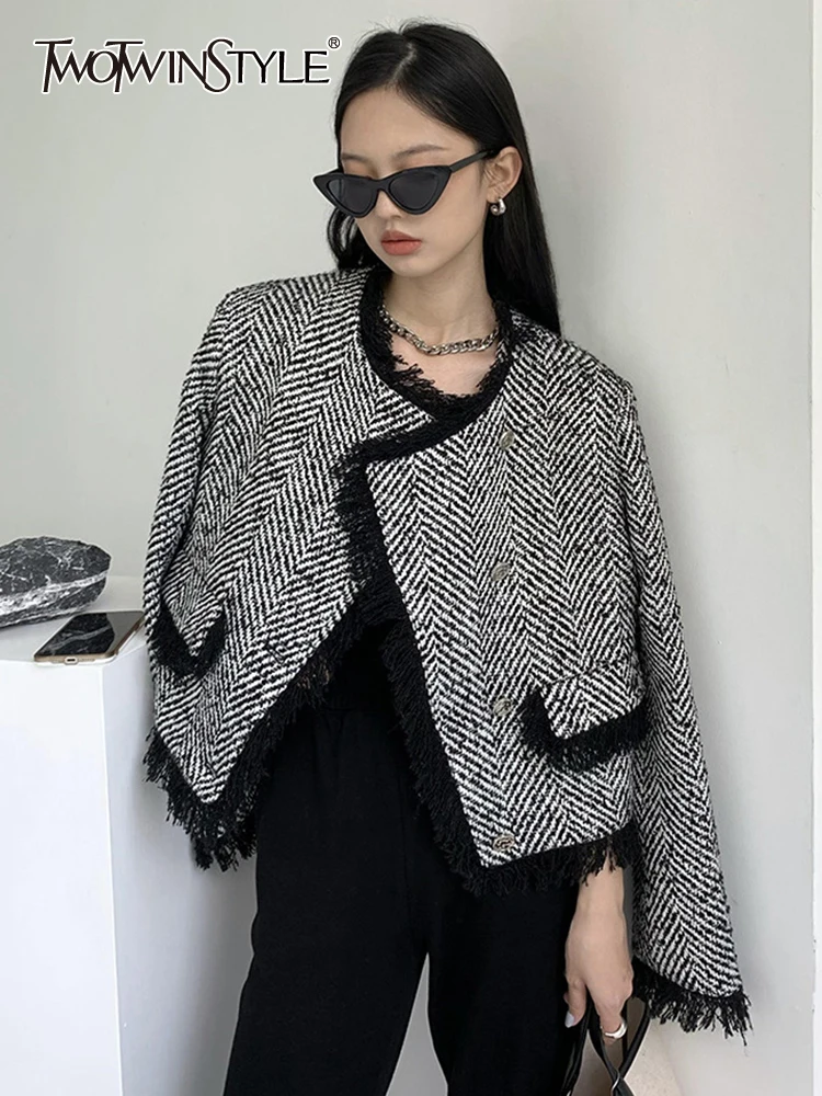 

TWOTWINSTYLE Korean Fashion Striped Jacket For Women Round Neck Long Sleeve Patchwork Raw Hem Colorblock Jackets Female Clothing