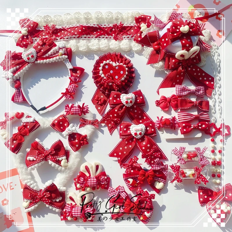 

Оригинальные красные аксессуары для волос в стиле "Лолита", медведи, уши, KC, клубника, конфеты, боковой зажим, бант, повязка на голову, искусственное ожерелье, головной убор