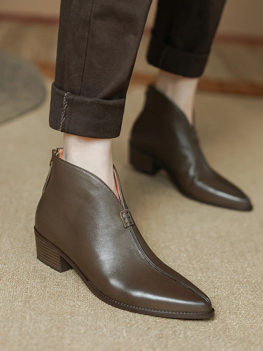 Женские ботильоны из натуральной кожи весенне-осенние ботинки с острым носком и