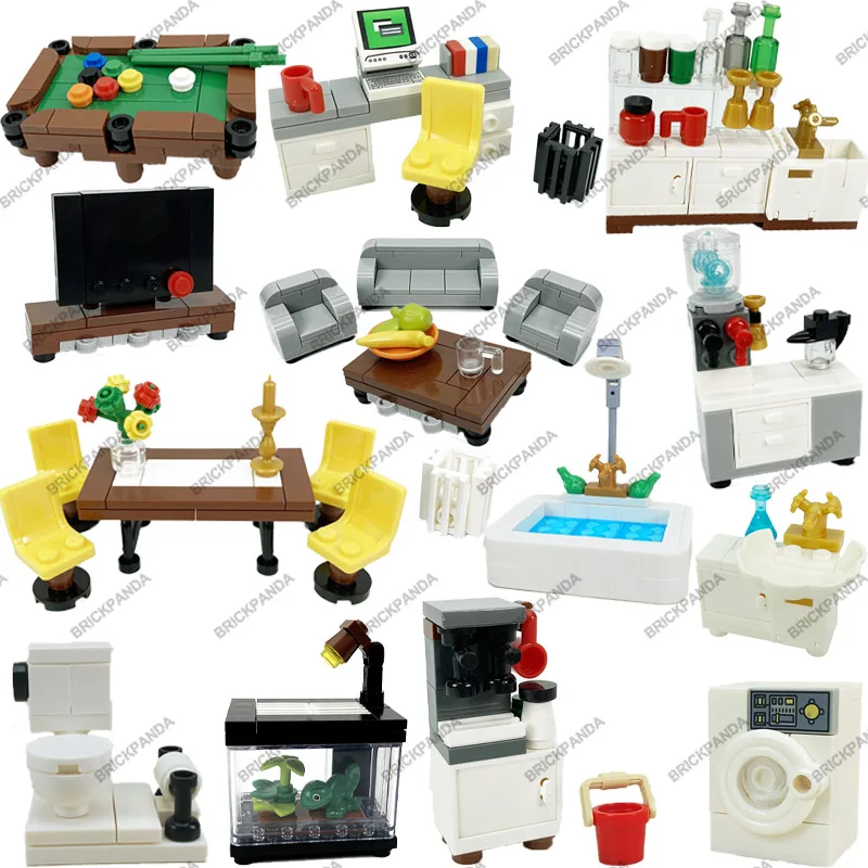 

MOC City House Fish Tank Building Block Furniture Sets Mini Sofa TV Toilet Accessories Bricks Model DIY Kids Toys Children Gifts