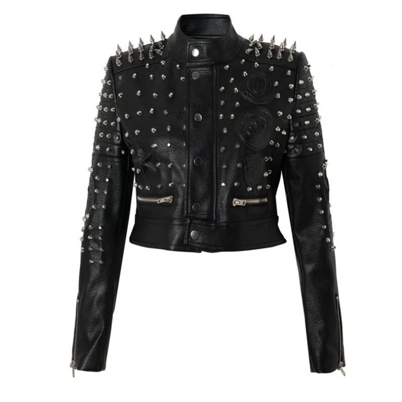 Rivet short leather jacket women slim coats motorcycle European and American style cool girl trend кожаная куртка женская black enlarge