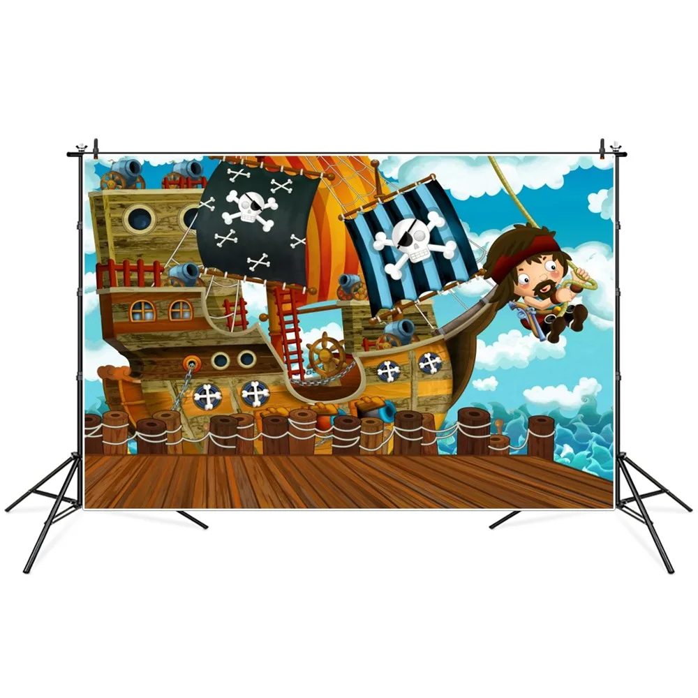 

Pirate Ship Birthday Decoration Photography Backdrops Treat Children Adventure Party Photographic Backgrounds Portrait Props