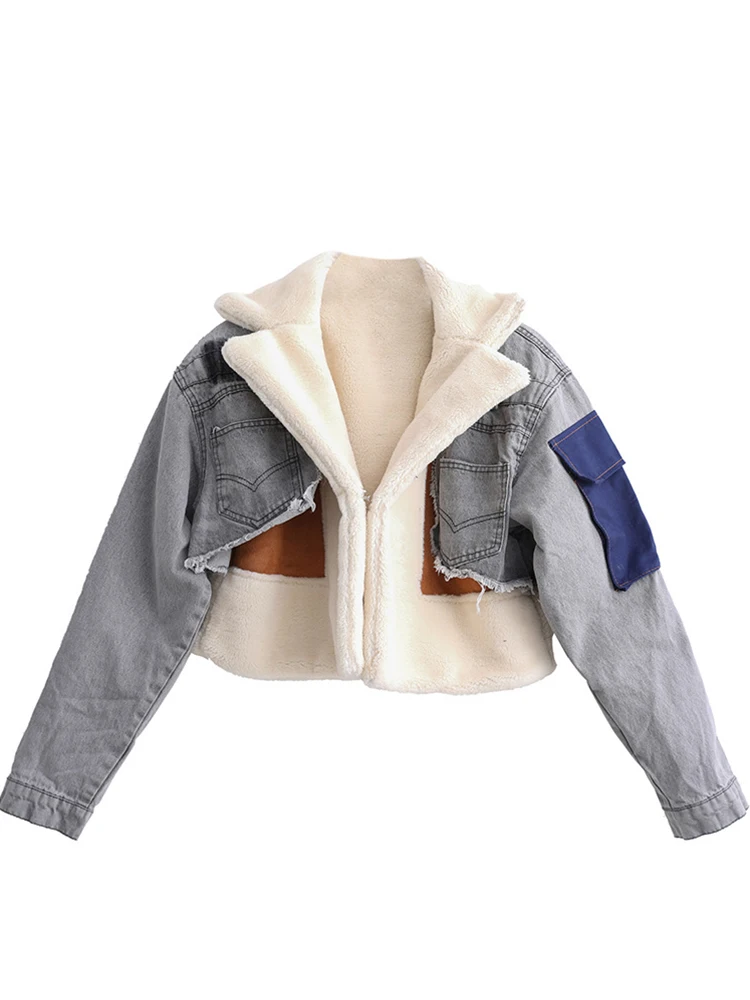 ZADORIN 2023 Winter Cropped Faux Wool Fur Jacket Women Patchwork Hit Color Motorcycle Denim Jacket With Woolen Inner Fur Coats